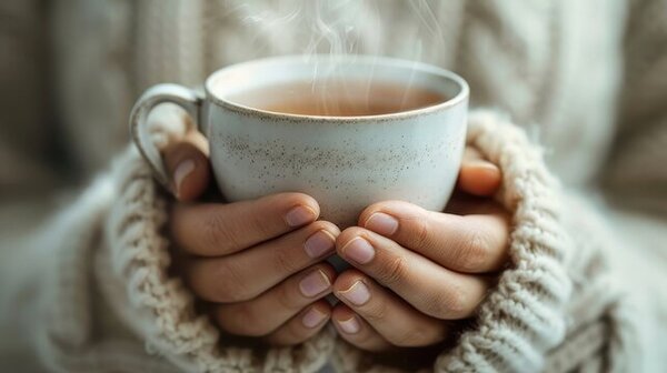 Hands holding a warm cup of tea